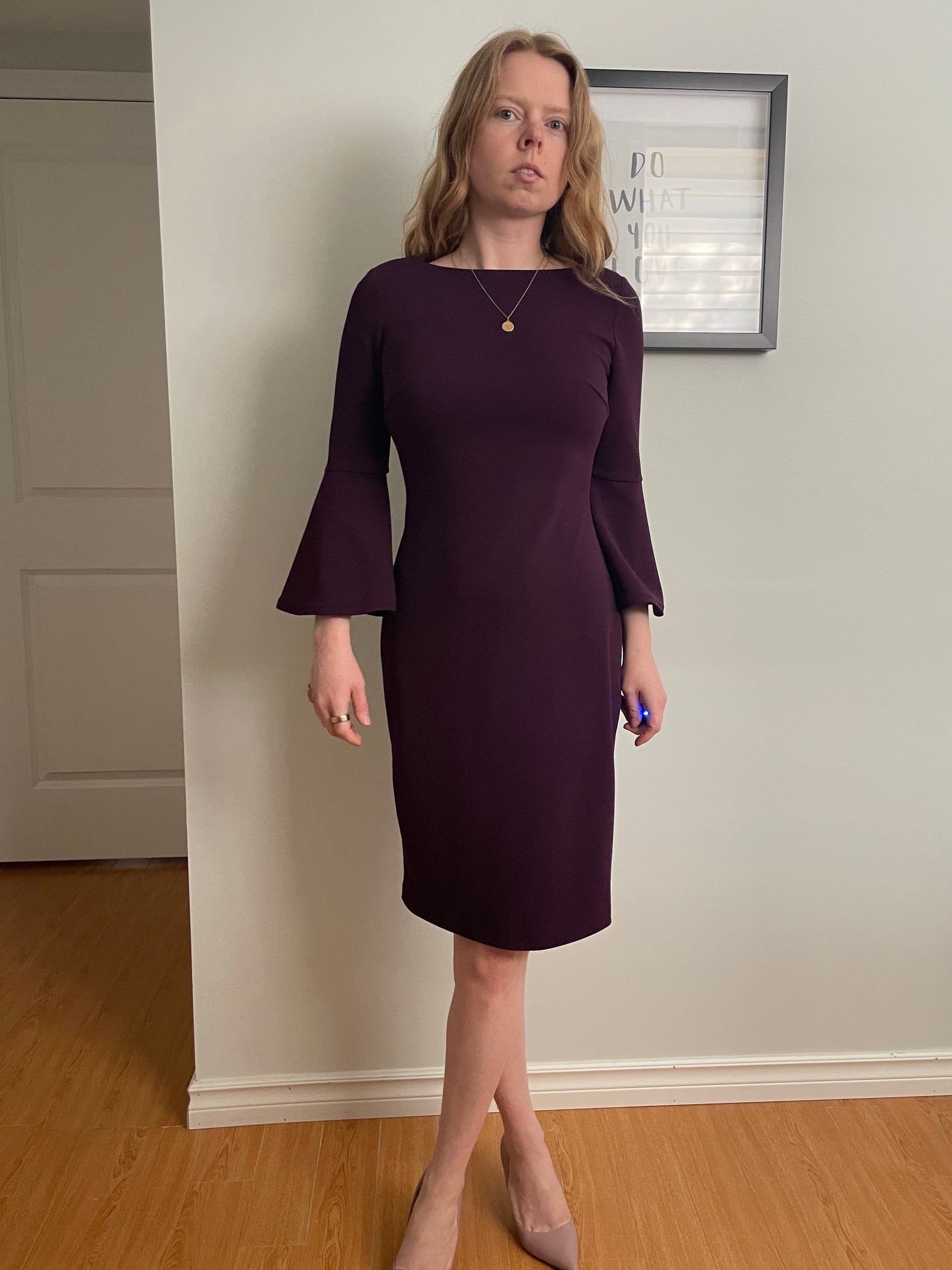 Calvin Klein Deep Purple Bell 3/4 Sleeve Sheath Dress - Size 2 Le Prix Fashion & Consulting Calvin Klein Deep Purple Bell 3/4 Sleeve Sheath Dress - Size 2 Le Prix Fashion & Consulting