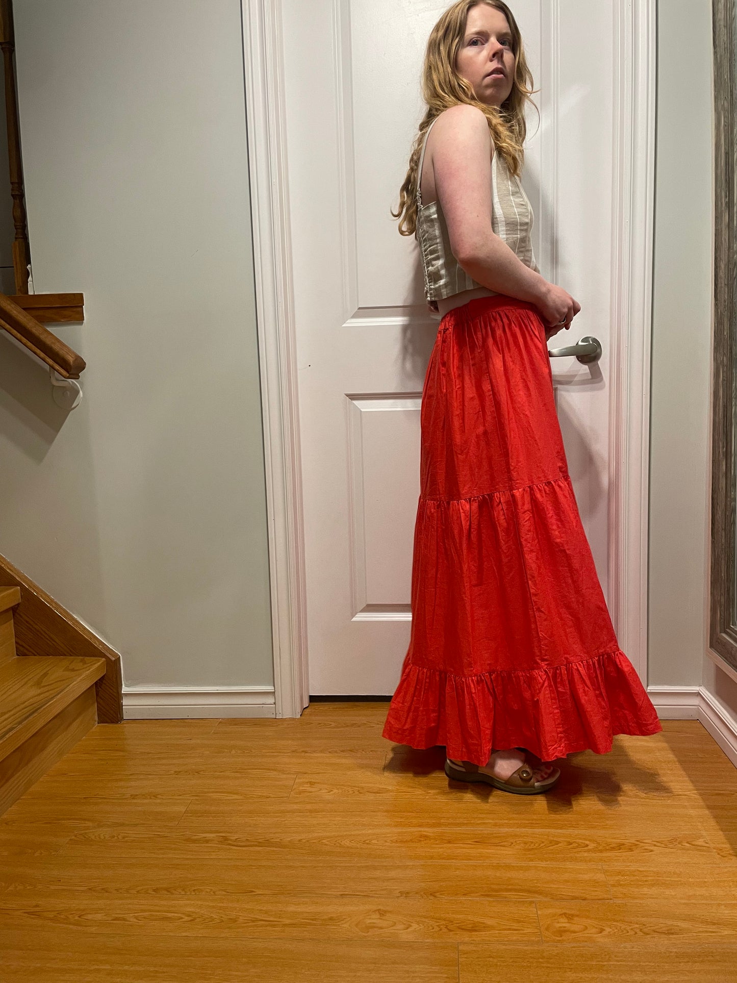 Japna Poppy Red Tiered Cotton Maxi Skirt – S/M