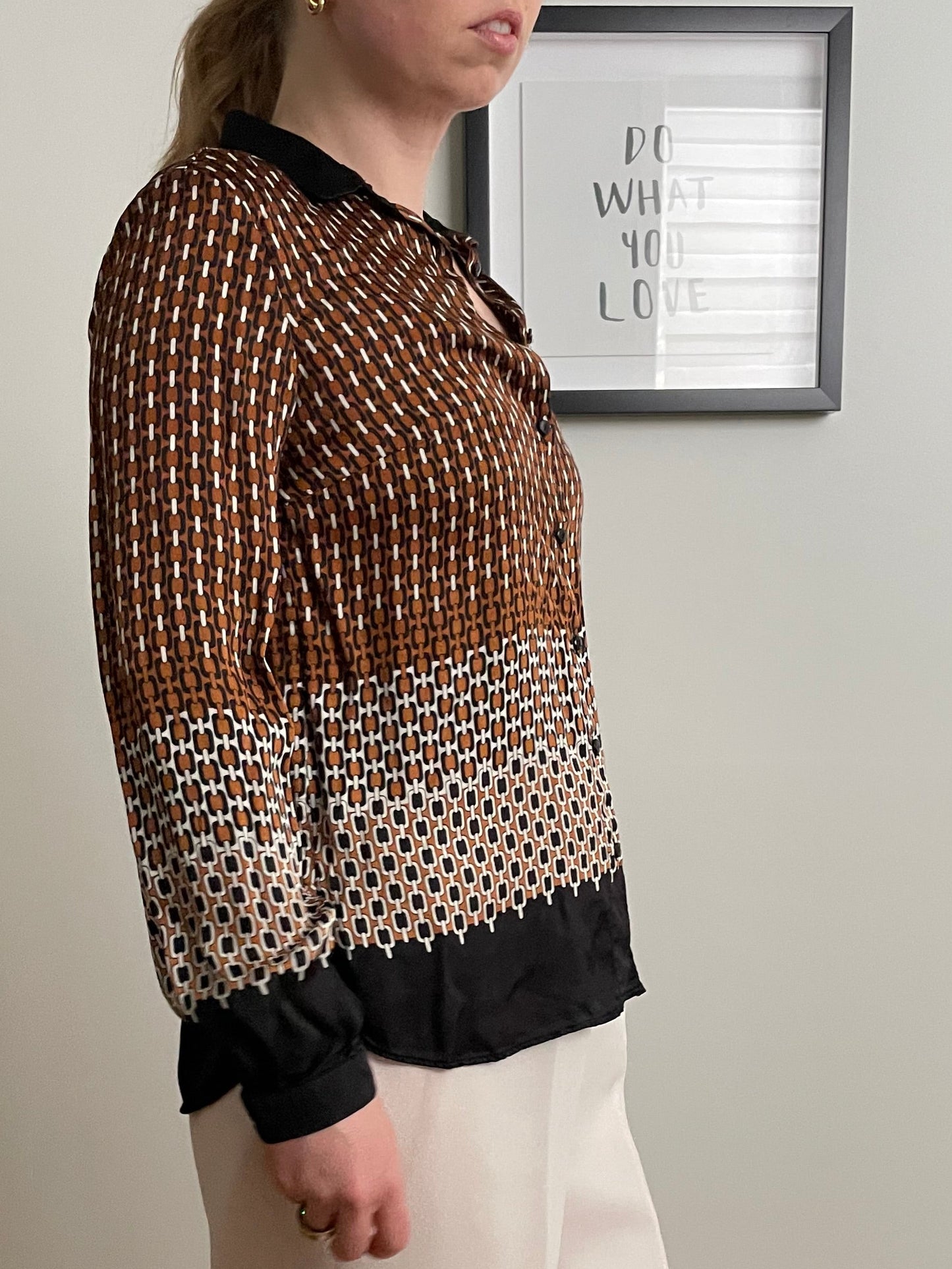 Massimo Dutti Brown Chain Print Blouse – Made in Portugal – Small