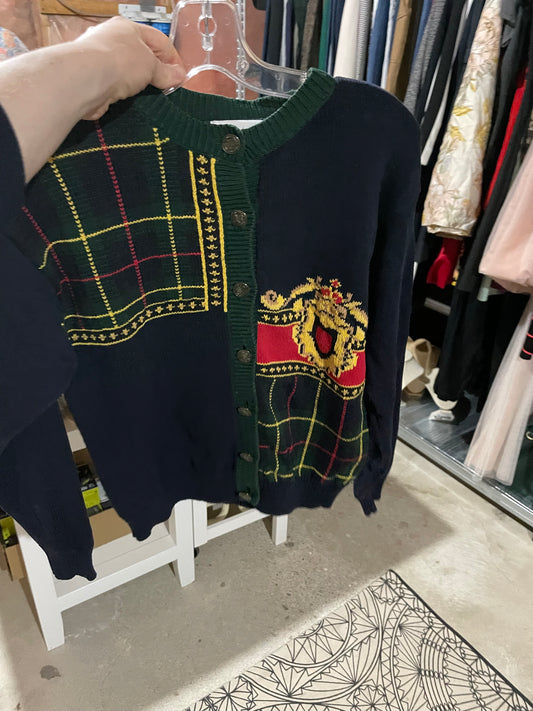 Tabi International Navy Plaid Crest Knit 100% Cotton Cardigan - Medium