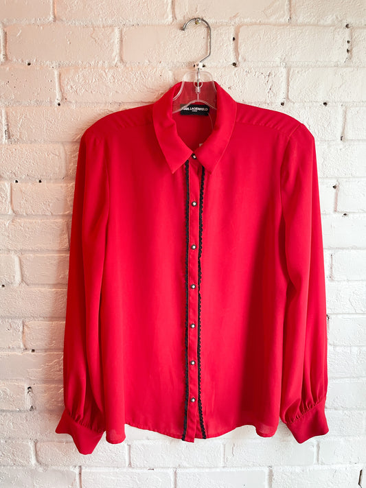Karl Lagerfeld Red Scalloped Lace Button Down Top - Medium