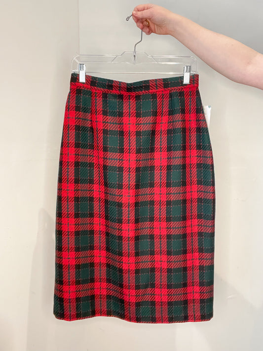 Vintage Marks & Spencer Red Plaid Wool Blend Midi Pencil Skirt - Small