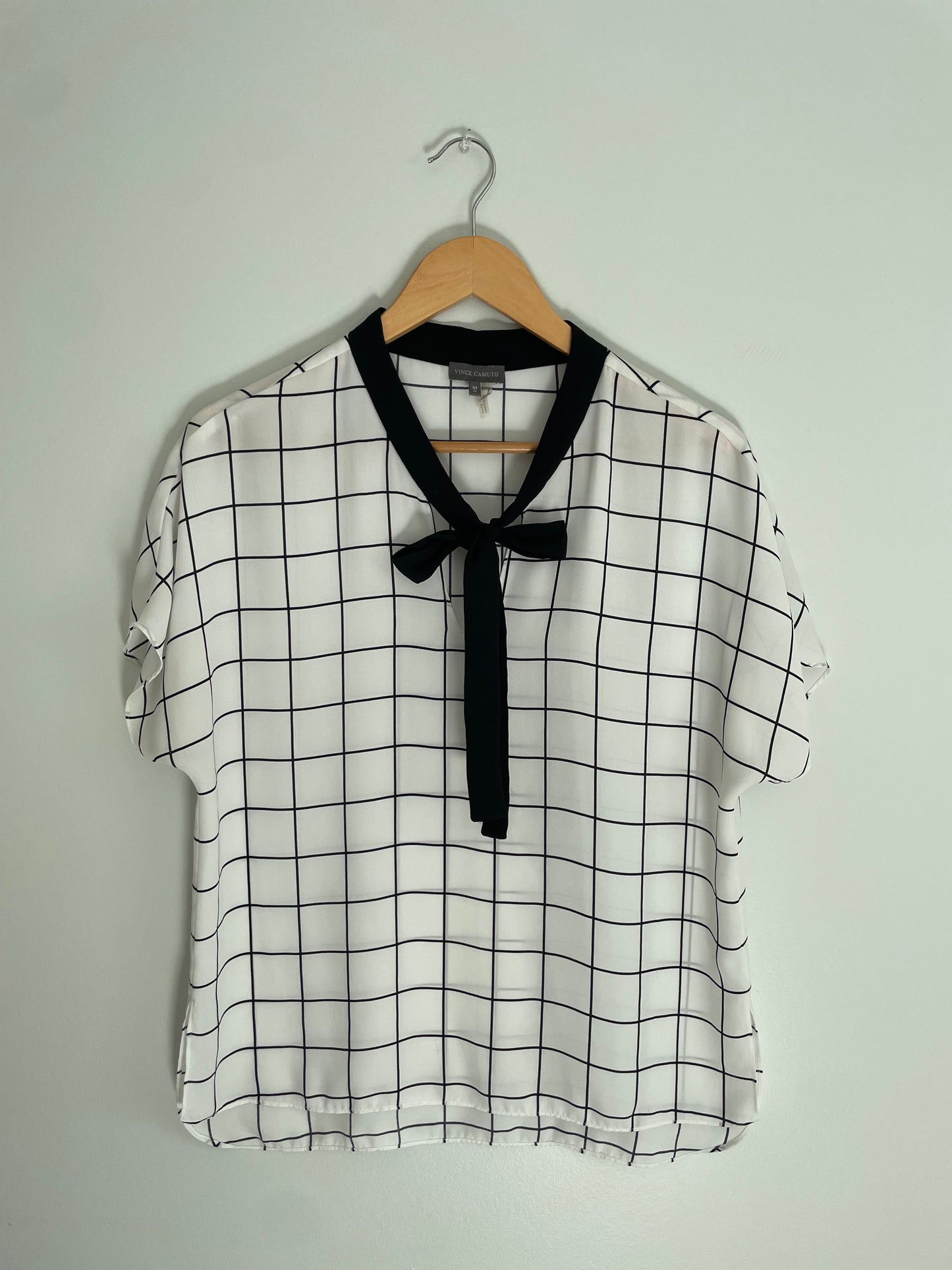 Vince Camuto White & Black Windowpane Tie-Neck Blouse – Medium