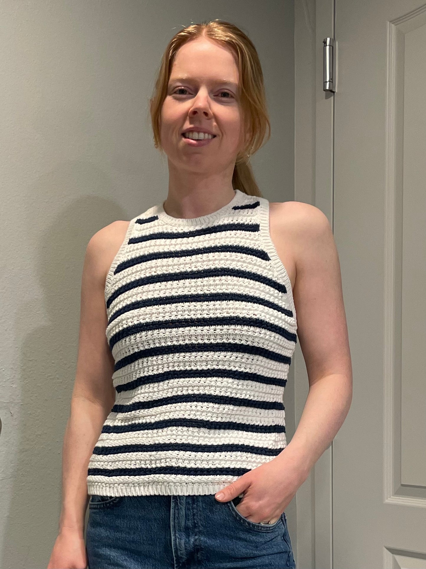 Madewell White & Navy Striped Cotton Knit Tank Top - Small