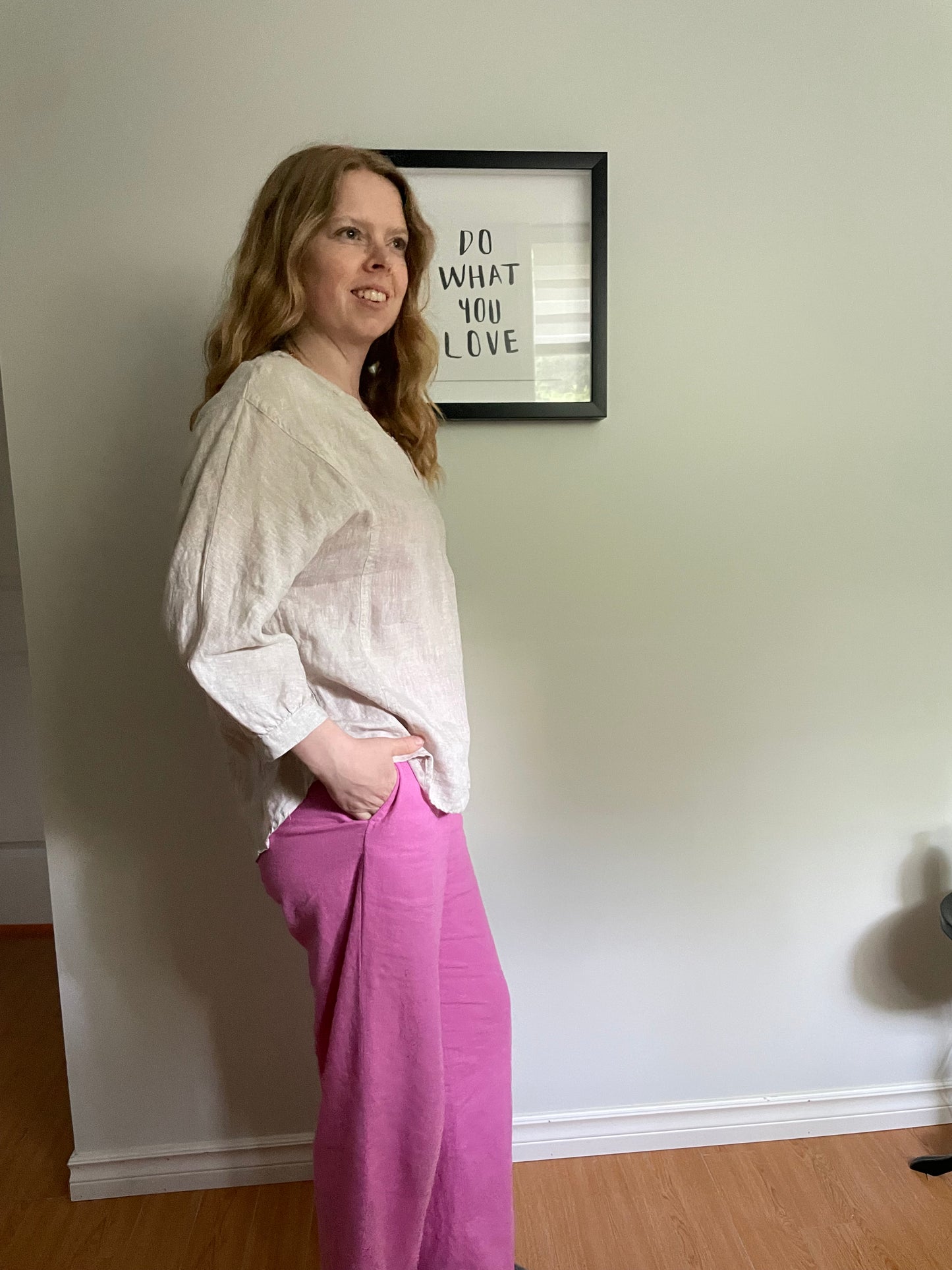 Oatmeal Beige 100% Linen Relaxed V-Neck Blouse