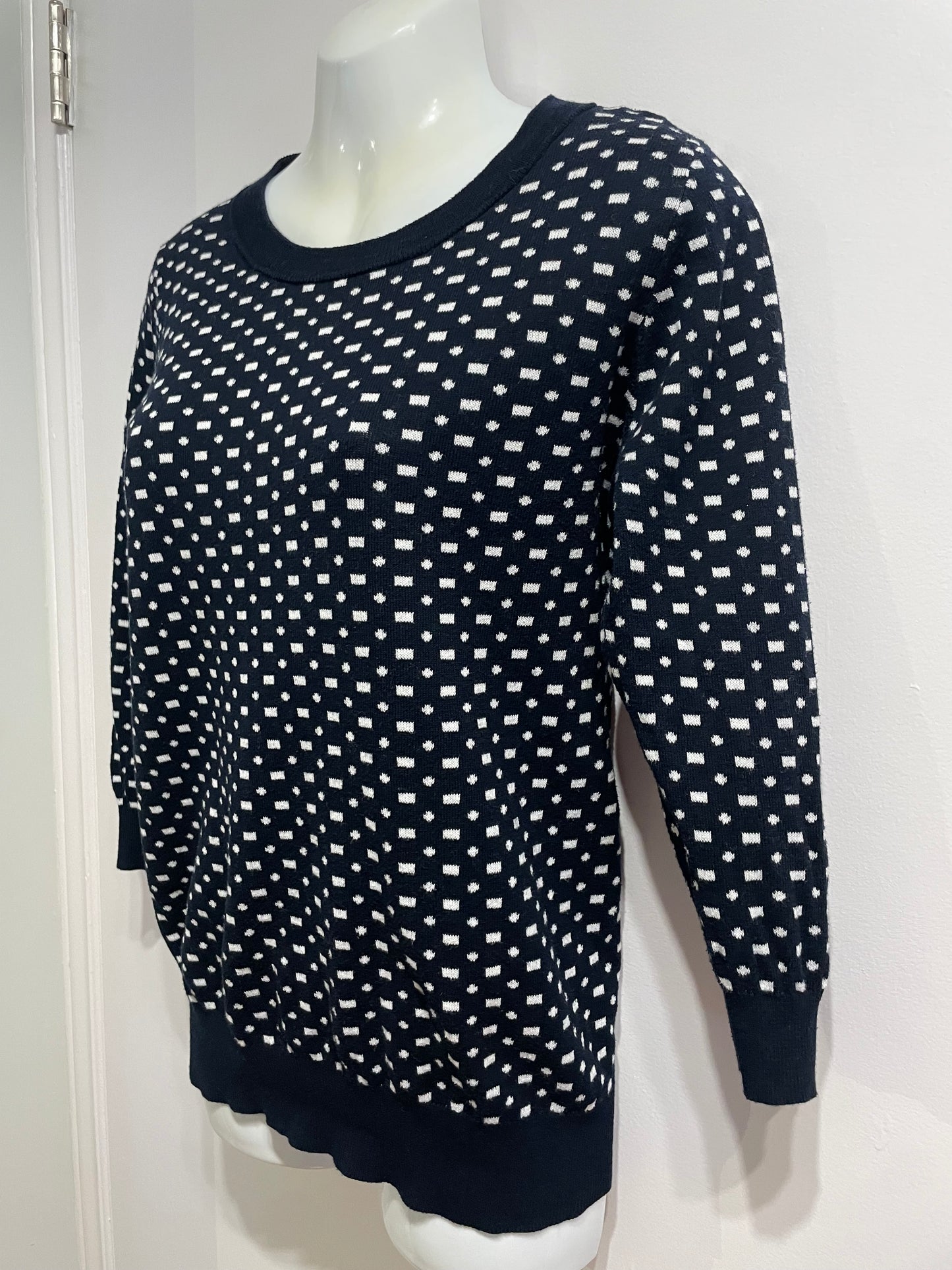 J.Crew Navy White Cotton Patterned Crewneck Sweater - Small