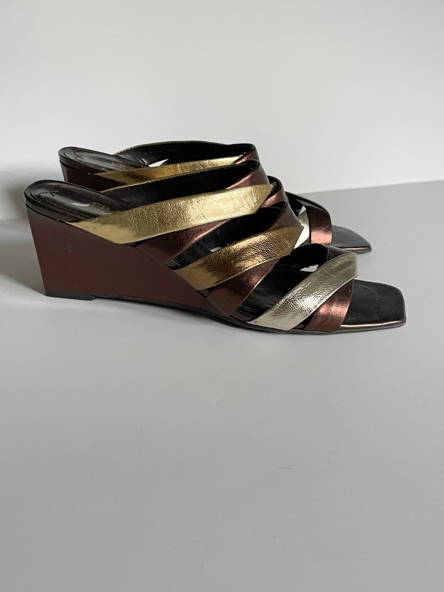 Franco Sarto Leather Bronze Silver Gold Strap Square Toe Wedge Heel Sandals - Size 6.5