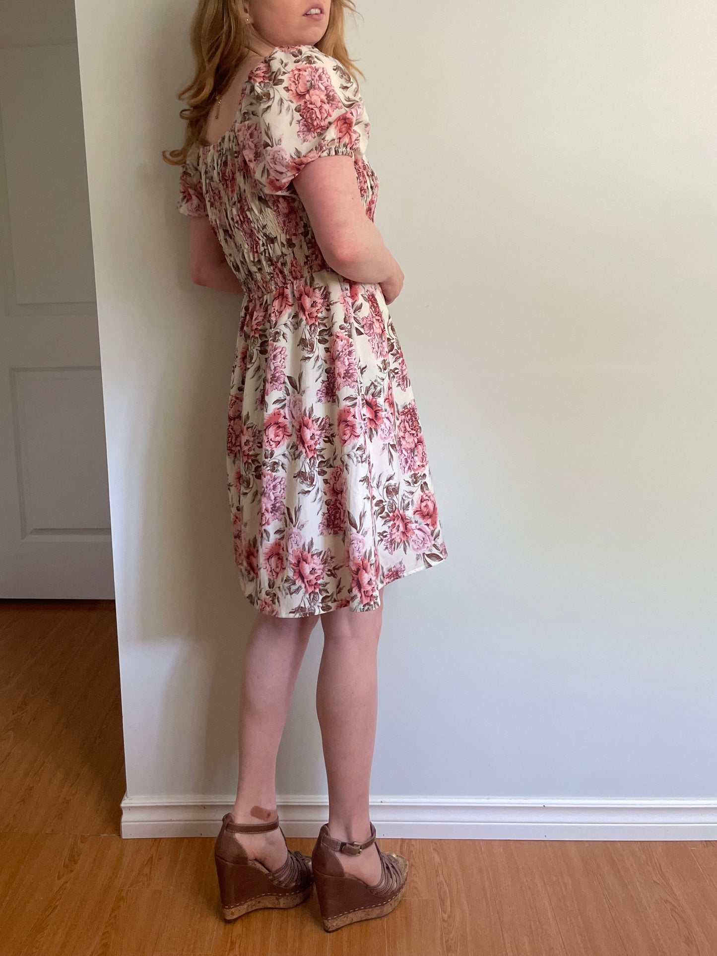 Hayden Los Angeles Ivory Pink Floral Smocked Puff Sleeve Dress - Medium