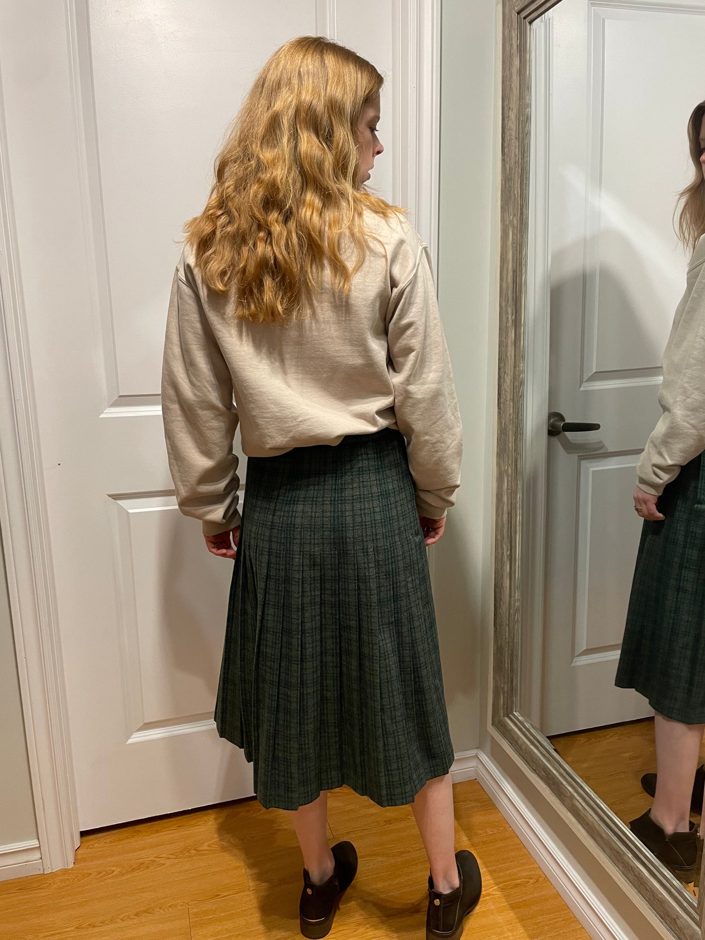 Vintage Dark Green Plaid Pleated Wool Midi A-Line Skirt - Small