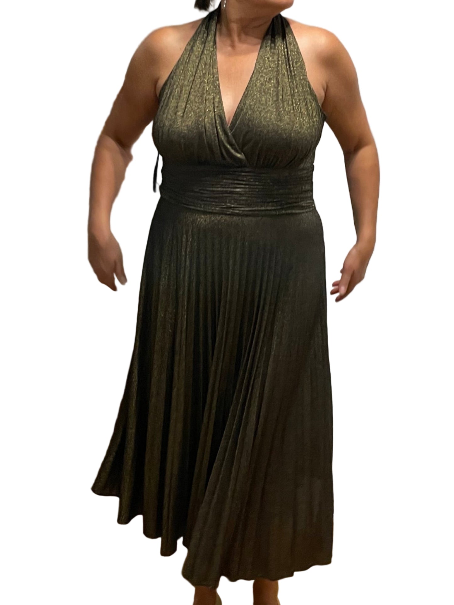 Evan Picone Metallic Olive Halter Pleated Midi Dress – Size 10