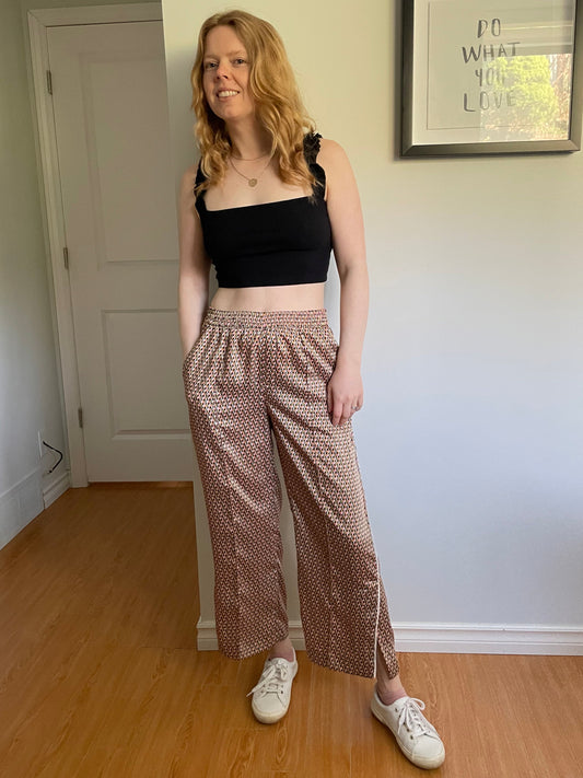 Zara Trafaluc Pink Green Grey Satin Cropped Print Pants - S/M