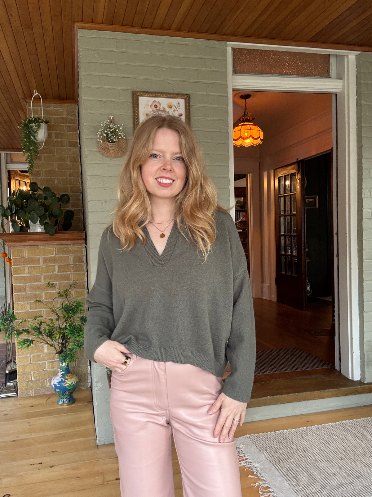 Olive Green Oversized V-Neck Soft Knit Sweater - XL