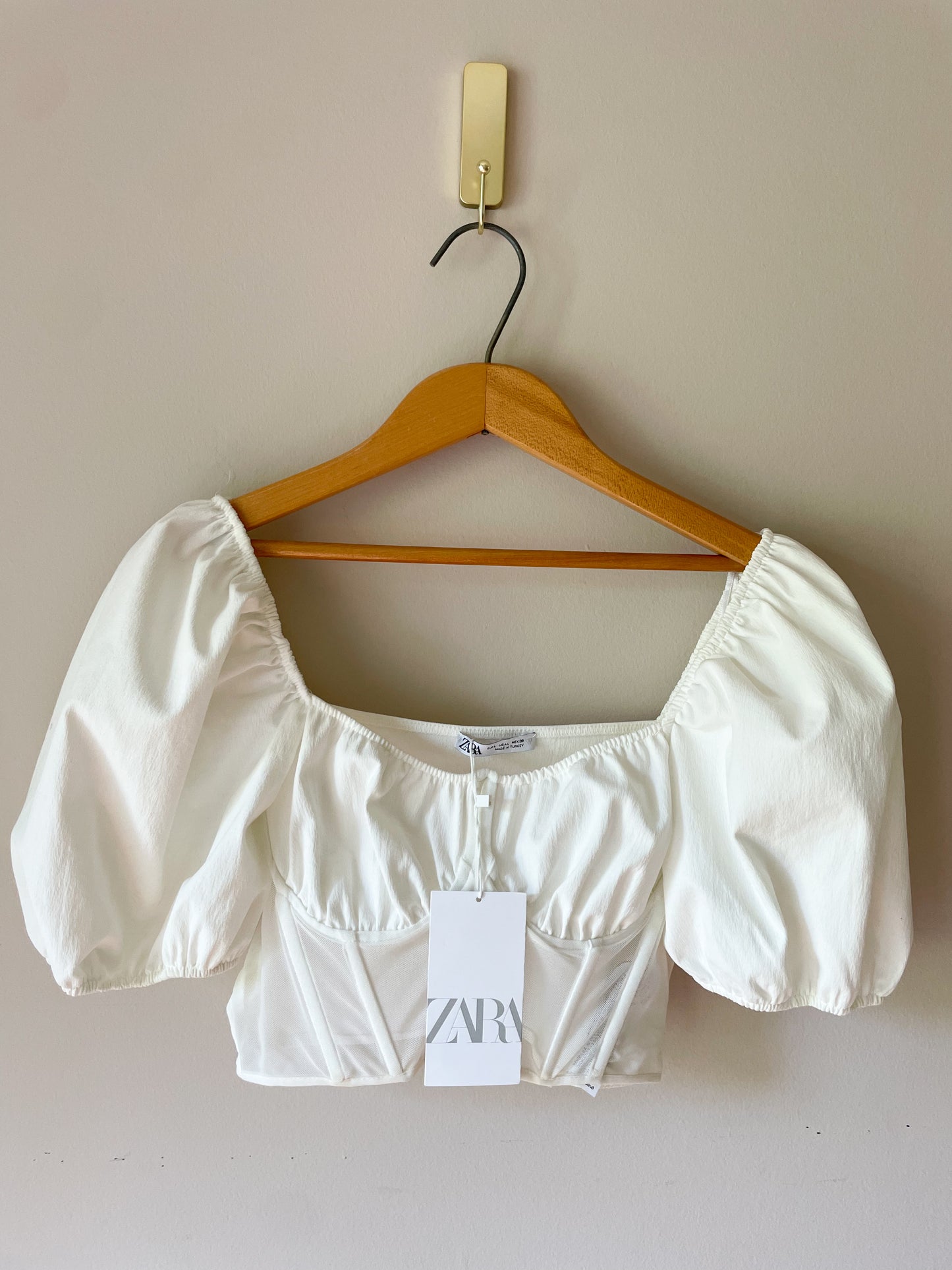 Zara White Sheer Corset Puff Sleeve Cropped Top - Medium