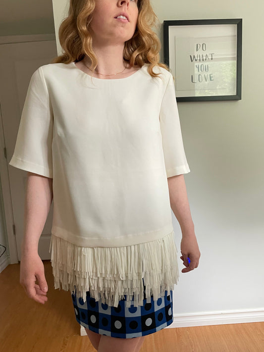 Banana Republic White Structured Top with Fringe Hem - S/M