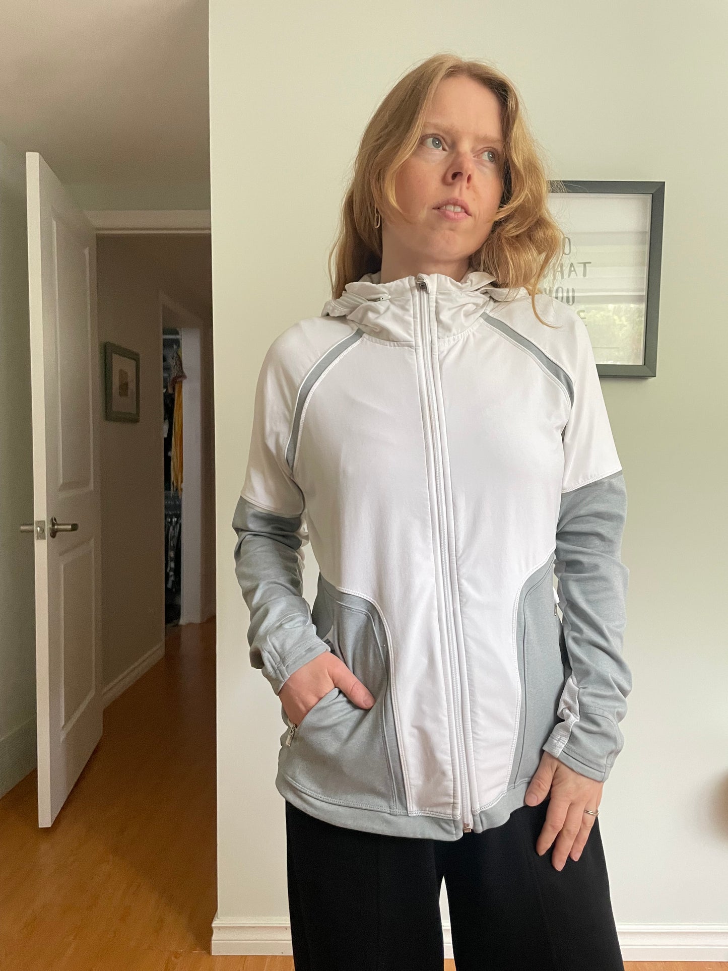 Athleta Cream & Grey Performance Zip-Up Hooded Jacket – Size Medium