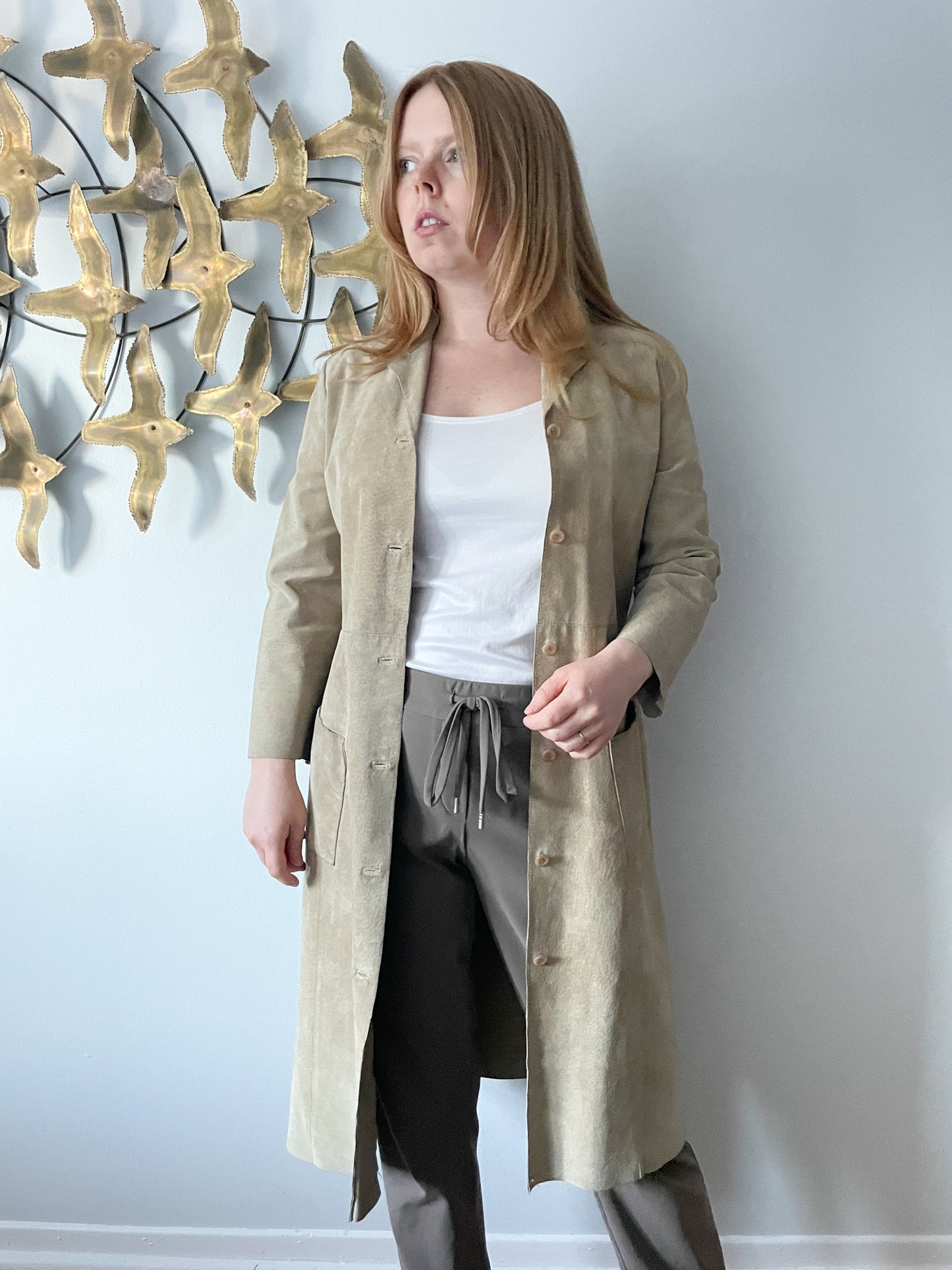 Claudie Pierlot Beige Genuine Suede Mid Length Straight Coat - Small