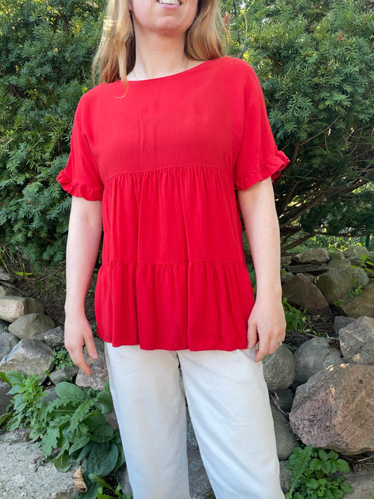 Red Hand-Embroidered Tiered Blouse – M/L