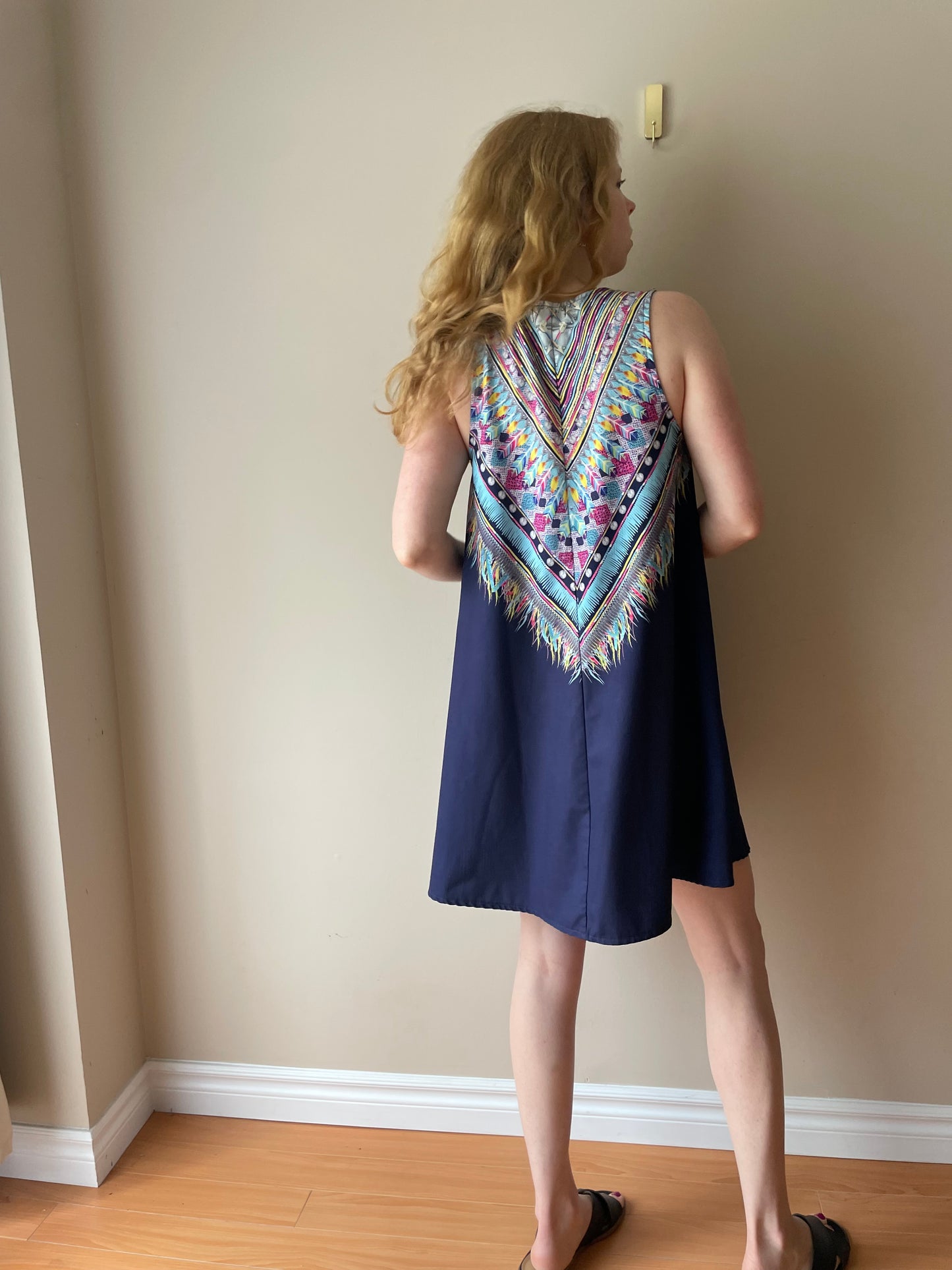 Indikah Navy Blue Sleeveless Mini Dress with Colourful Tribal Print – Size 10