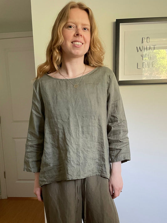 Amazhiyu Olive Green 100% Linen Relaxed 3/4 Sleeve Top - Large
