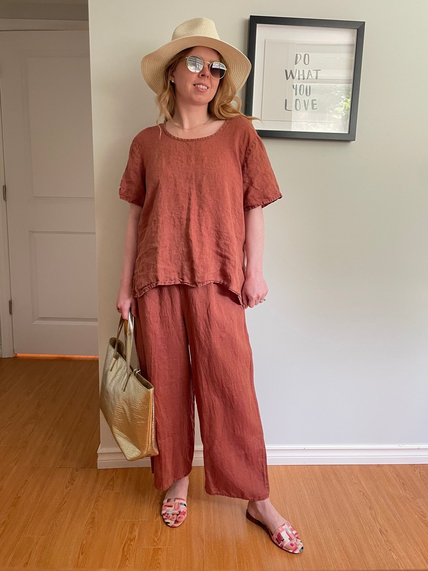 FLAX – Terracotta Linen Top & Wide-Leg Pants Set – M/S