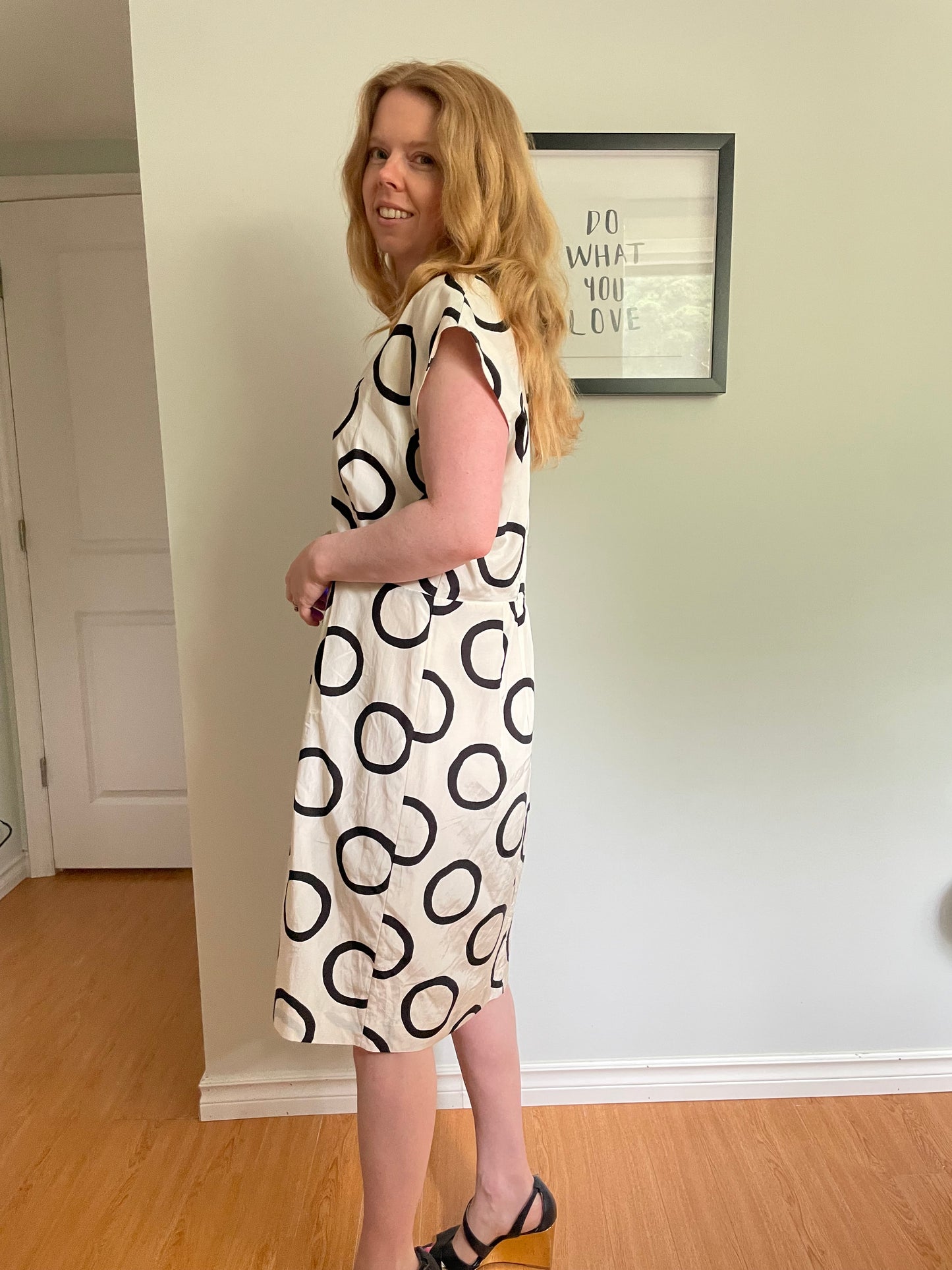 Banana Republic Ivory & Black Silk Blend Circle Print Dress – Size 14