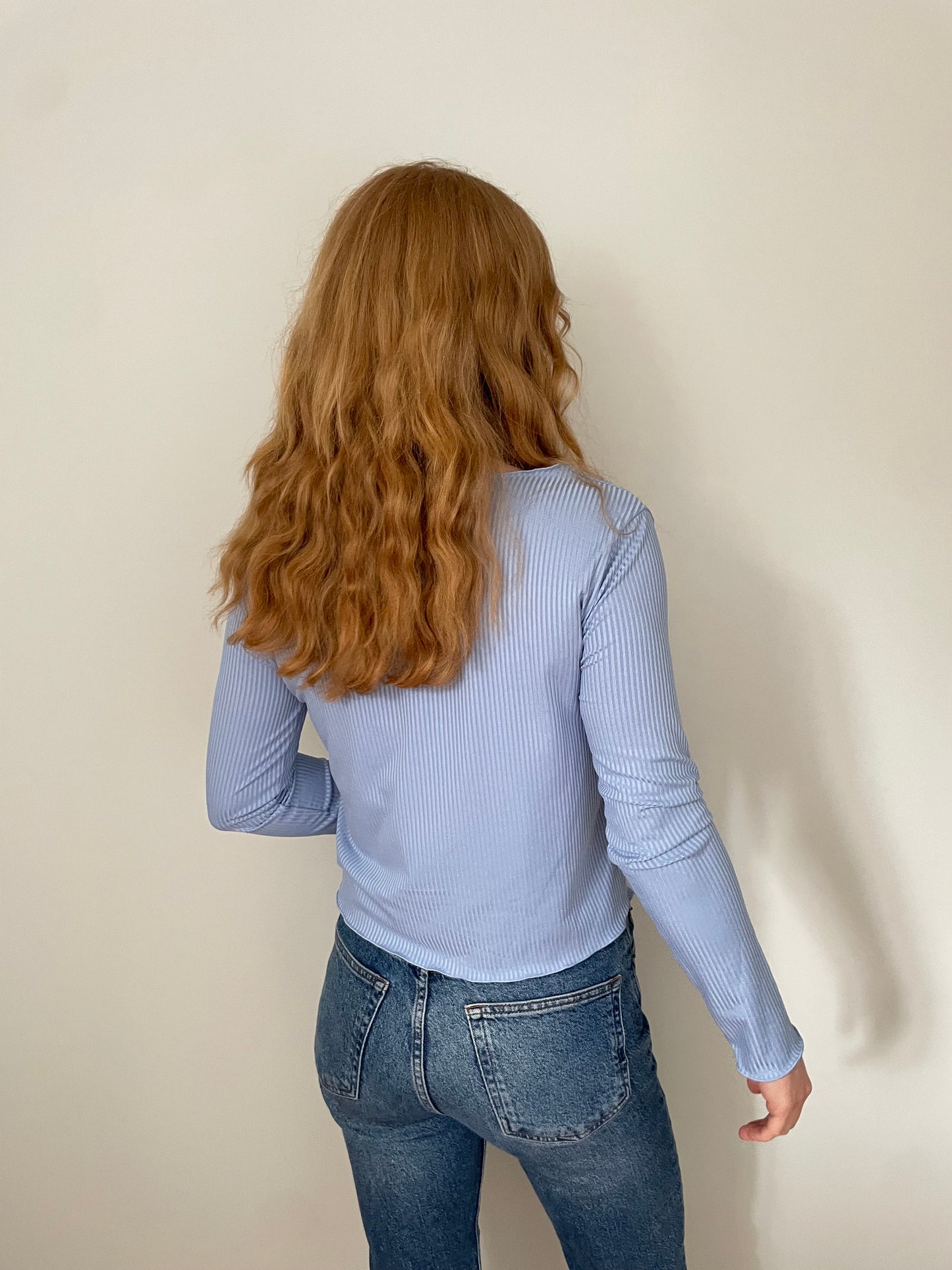 Soft Blue Ribbed Button Front Long Sleeve Top – Size XS–S