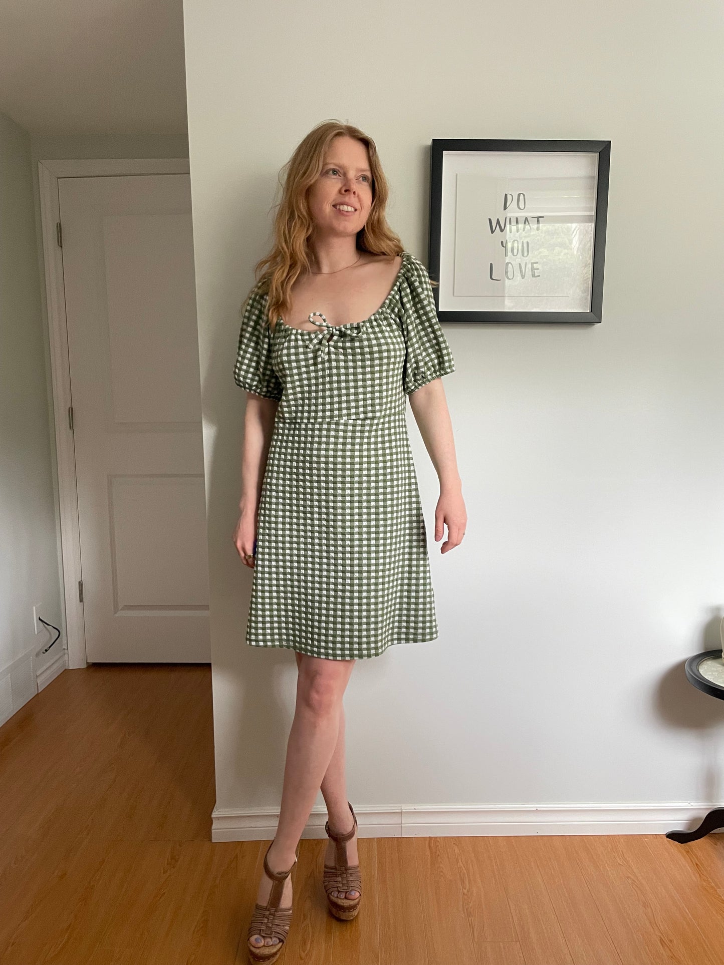 Madewell Green & White Gingham Puff Sleeve Mini Dress - Large