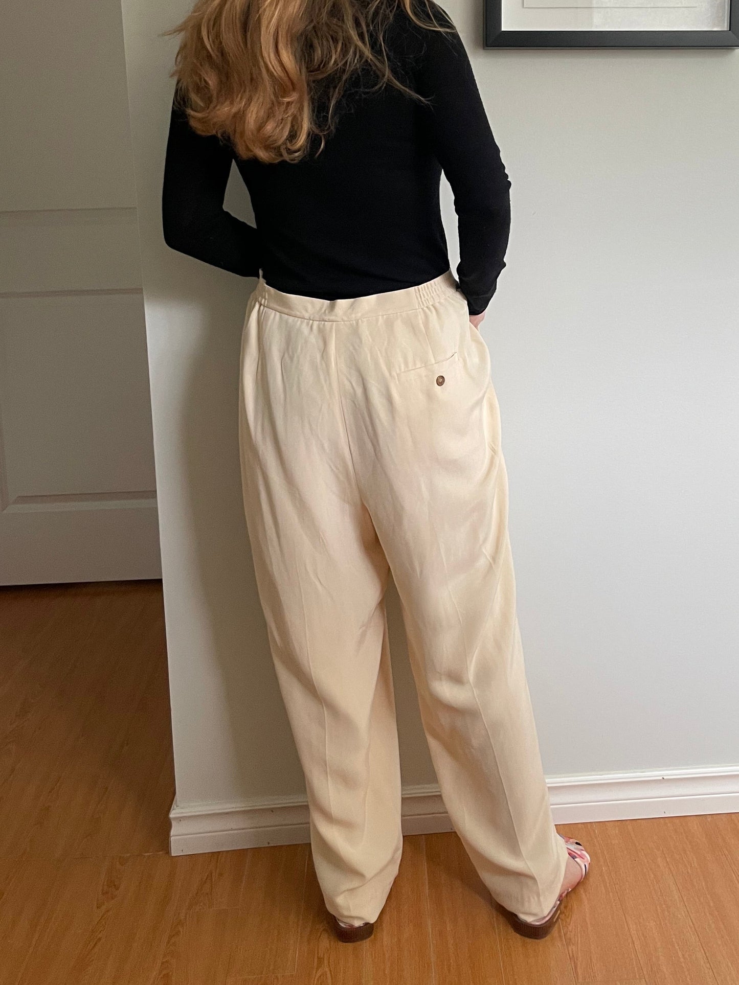Evan-Picone Cream Vintage Silk Wide-Leg Lined Pants - 14W