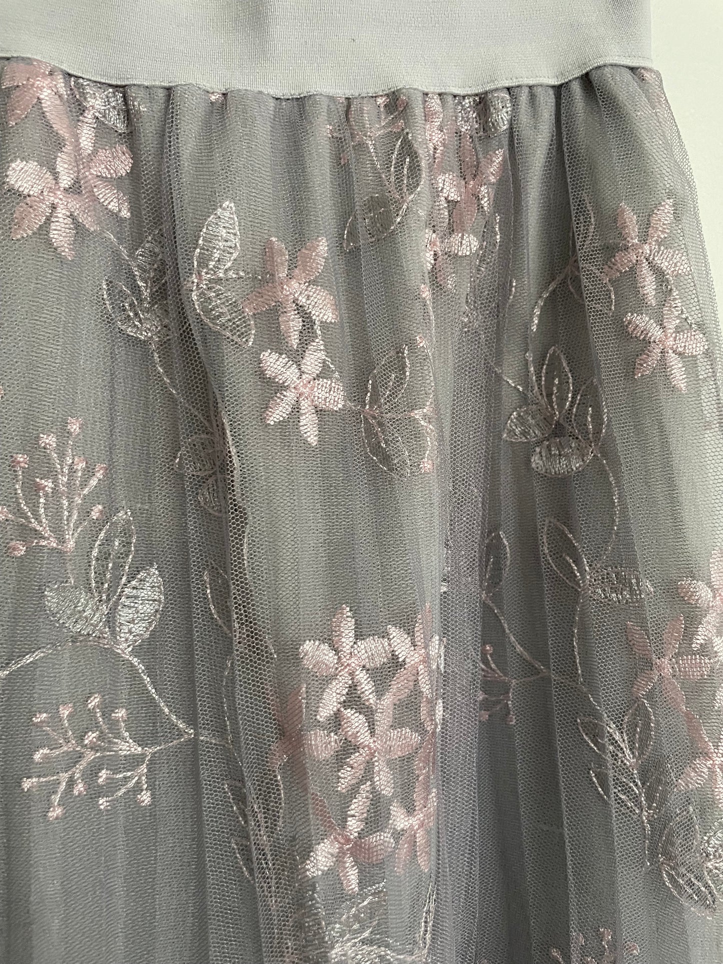 Grey Pink Floral Embroidered Tulle Midi Skirt - XXS/XS