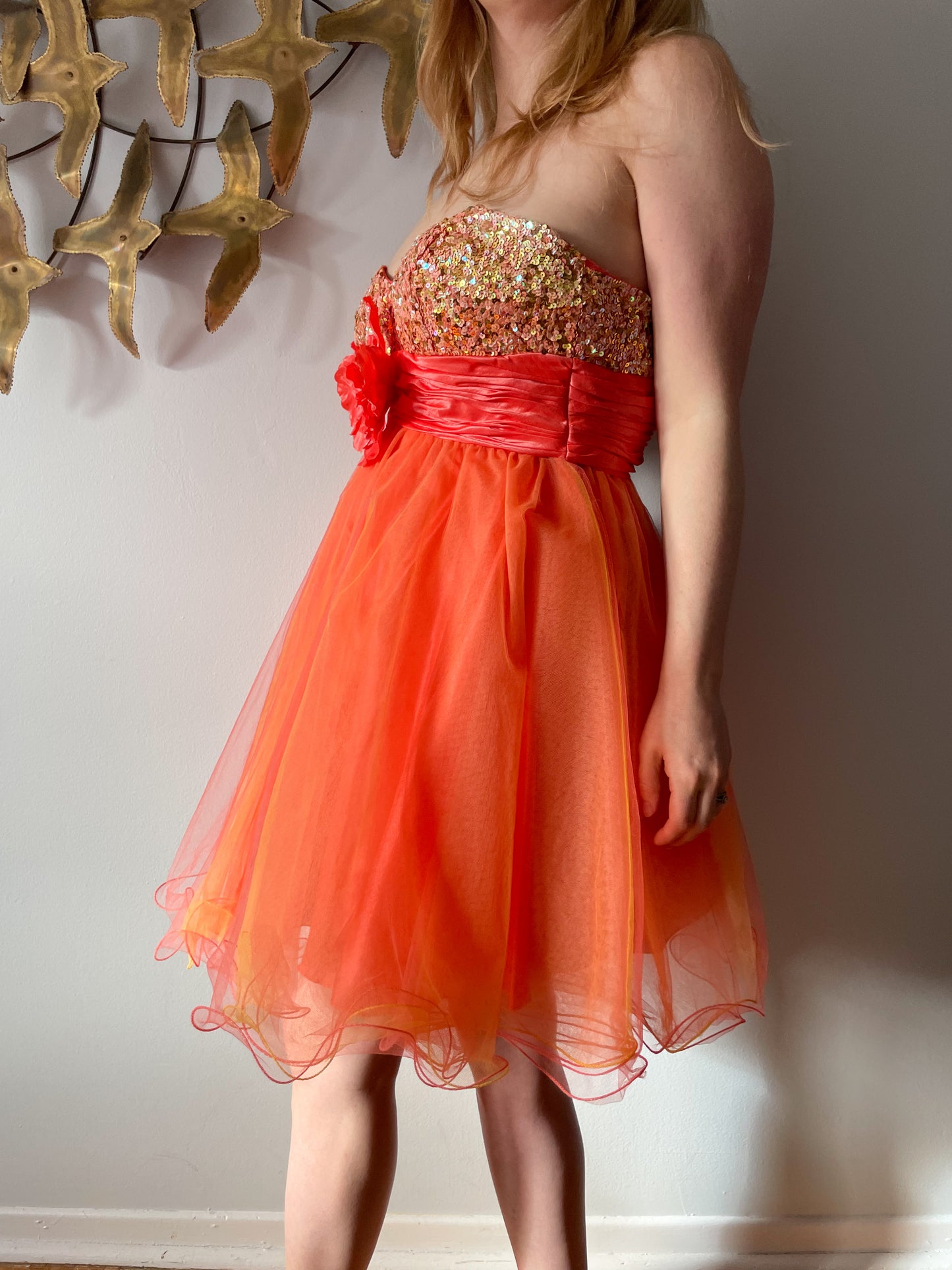 Aspeed Orange Tulle Ruffle Hand Beaded Sweetheart Dress - Size 4