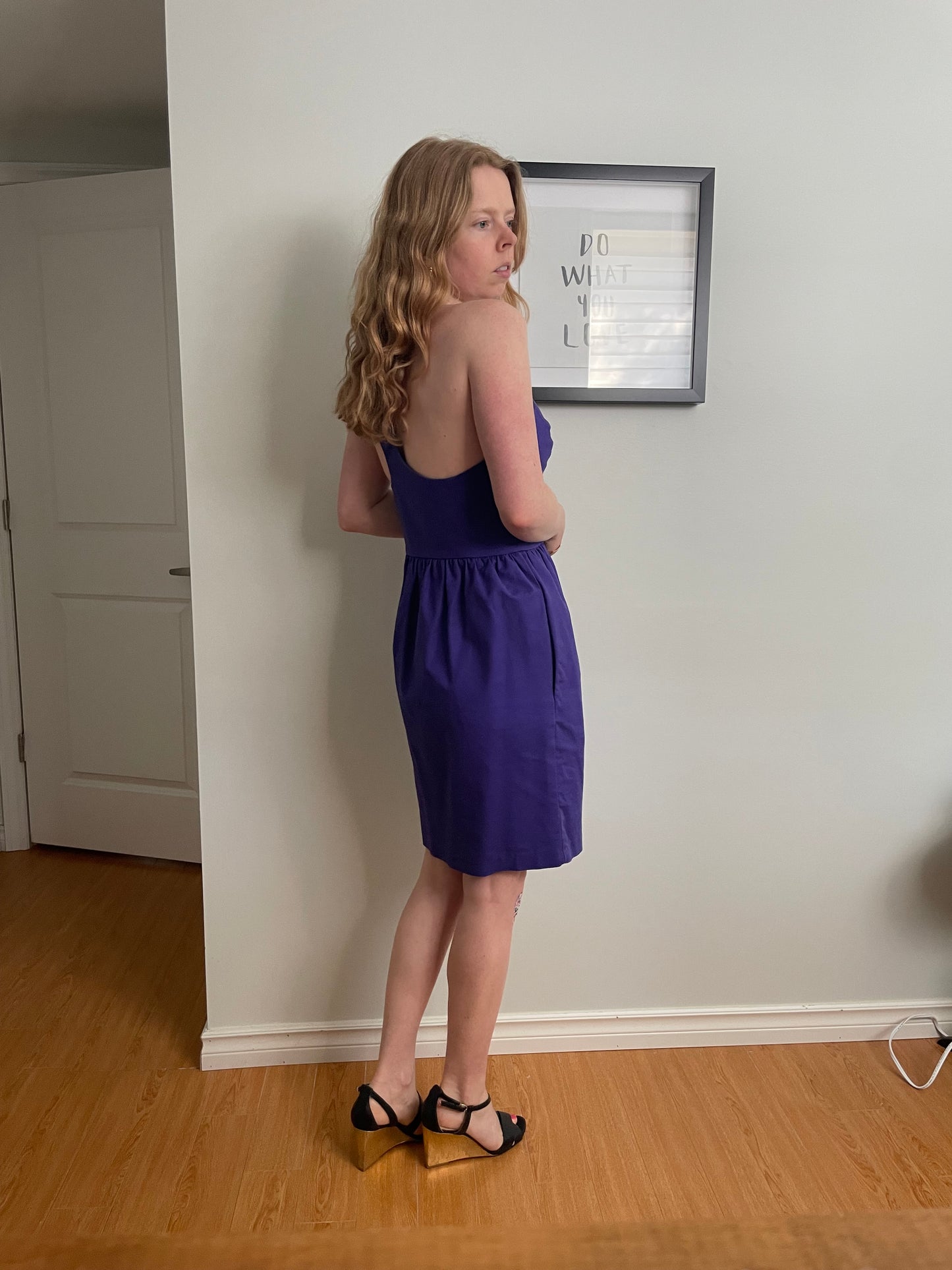 French Connection Purple Cotton Stretch One Shoulder Dress - Small