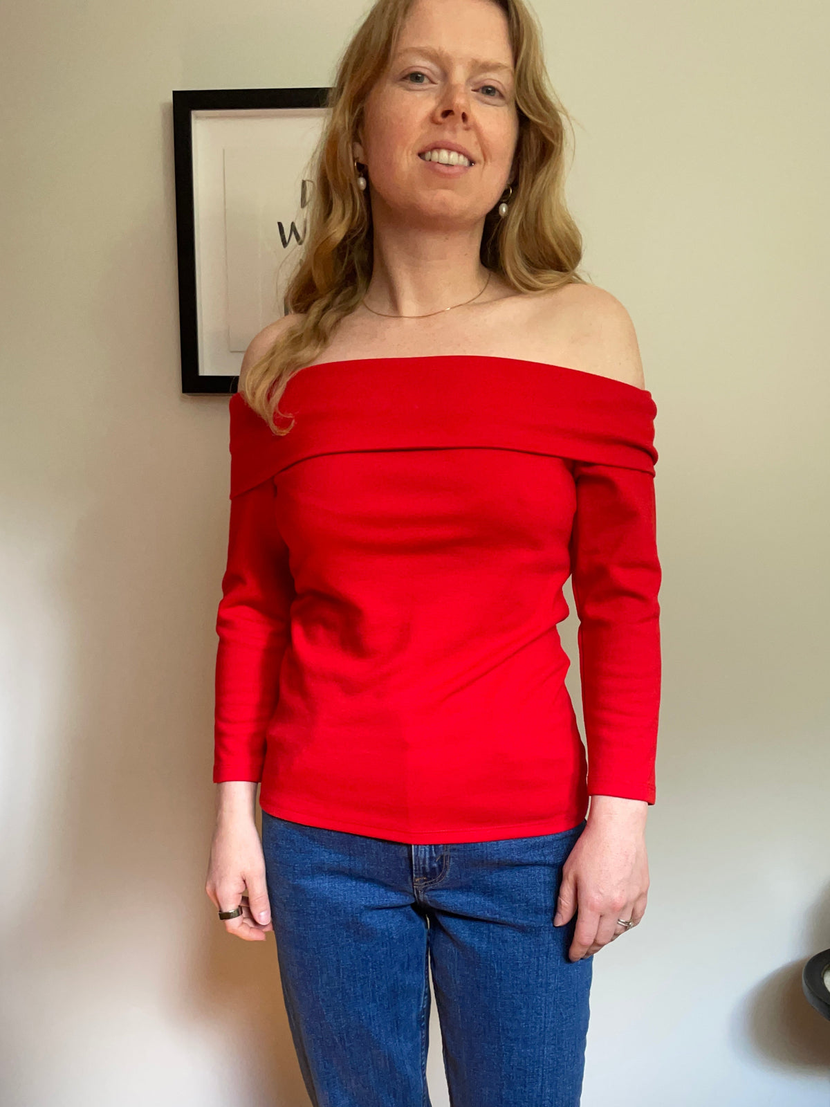 By Anthropologie Bright Red Fold-Over Off-Shoulder Top – Small