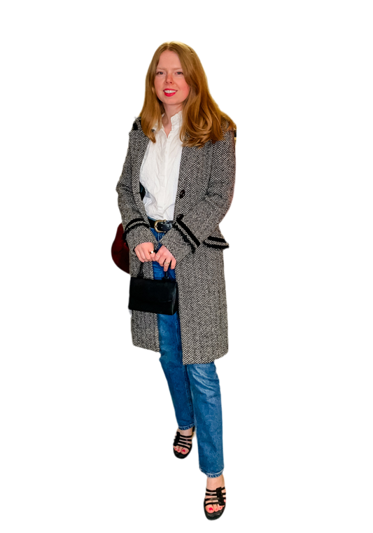 n e f Black Herringbone Wool Velvet Fringe Trimmed Long Coat - Small