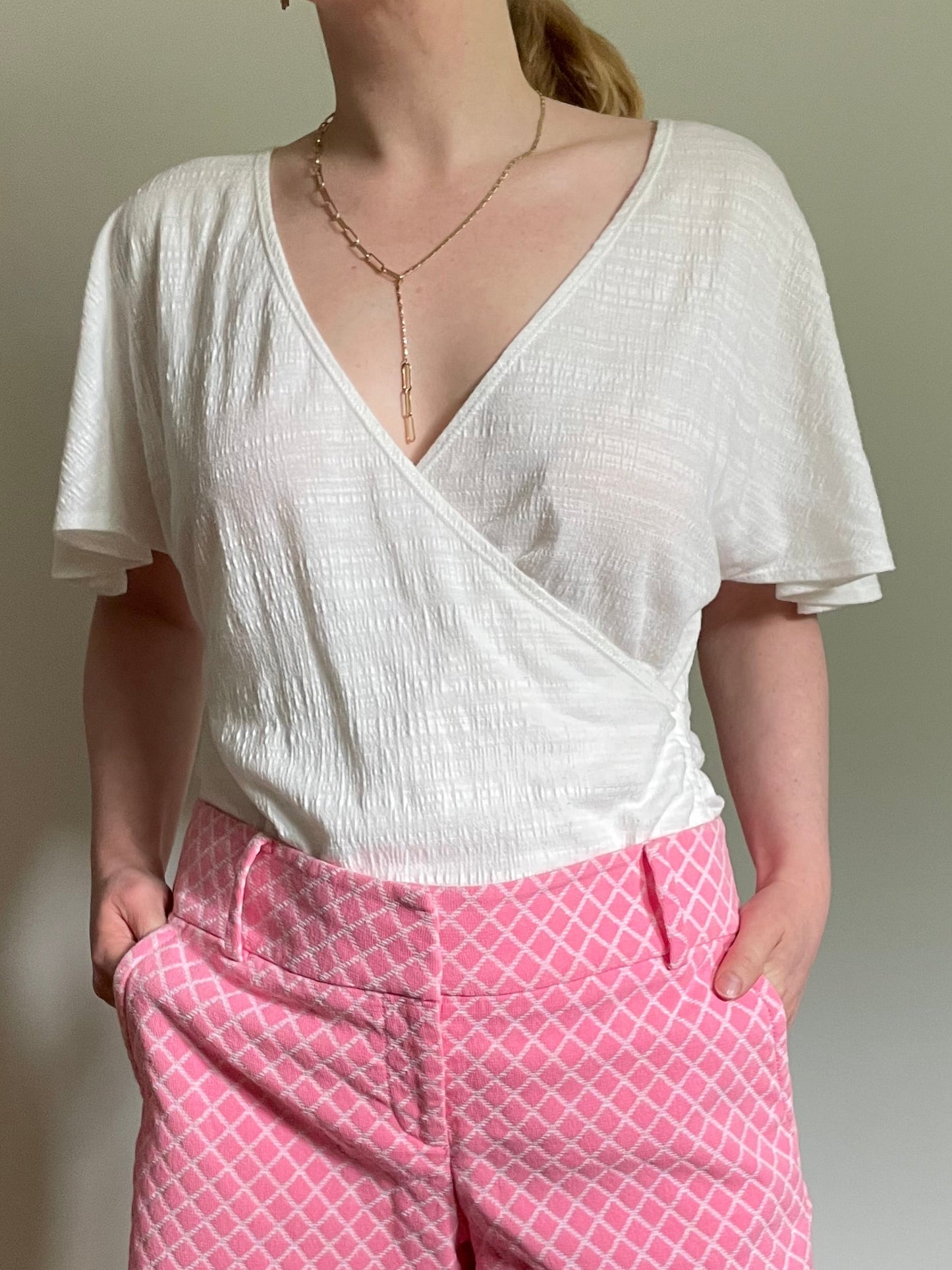 White Textured Wrap-Front Flutter-Sleeve Top – Medium/Large