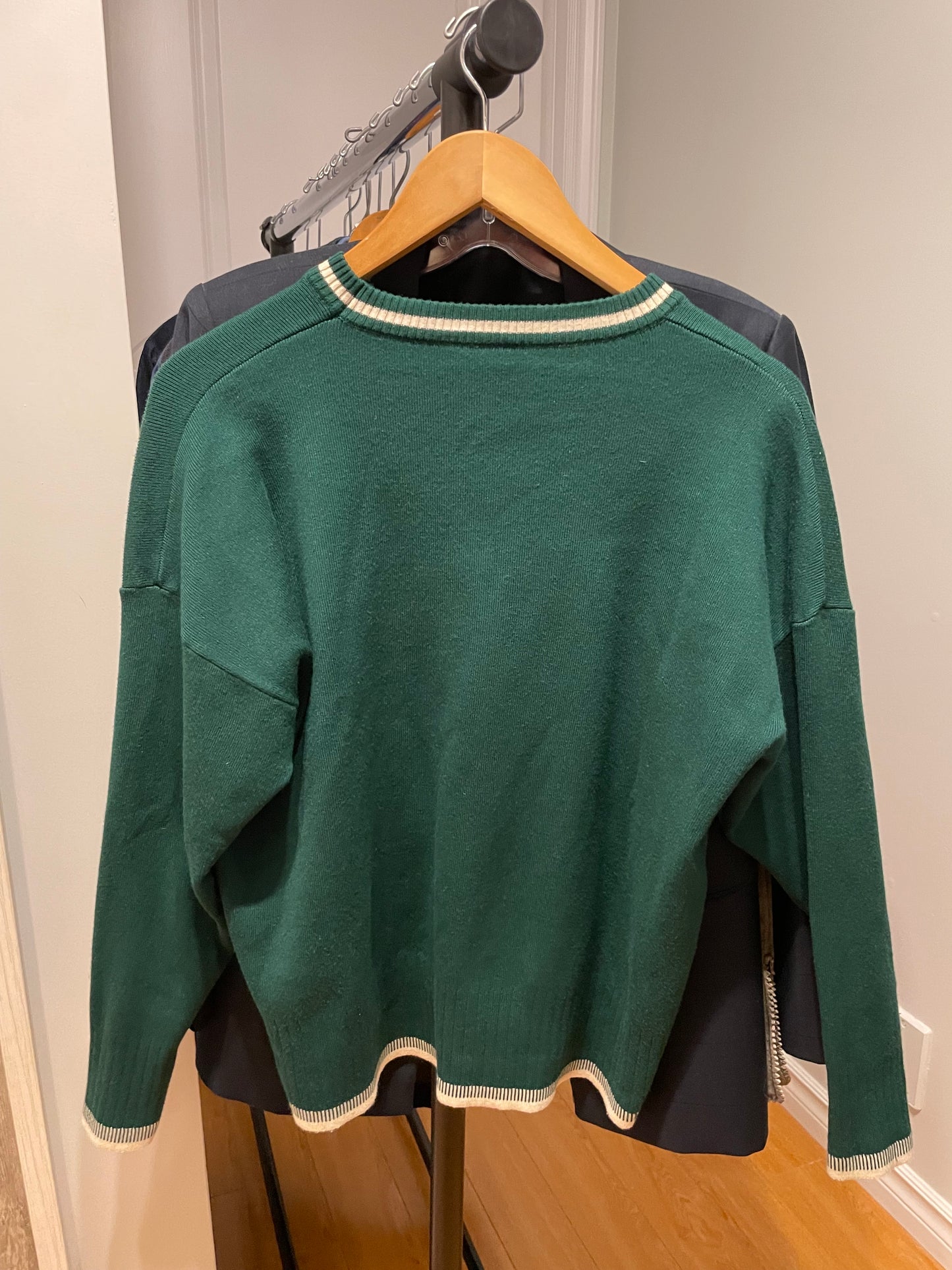 Forest Green Varsity-Trim Knit Sweater – Relaxed Medium