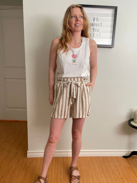 Beige + Ivory Striped Natural Fiber Paperbag Waist Shorts - S/M