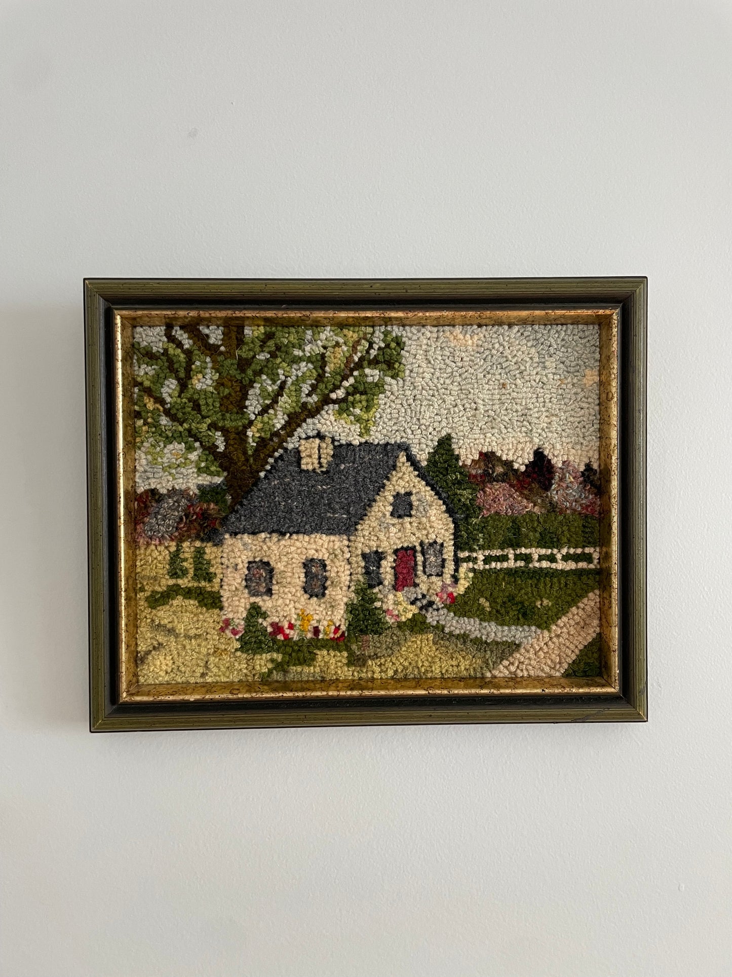 Vintage Handmade Framed Textile Art – Cottage Landscape (1979)