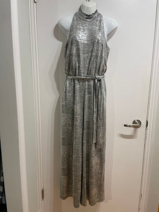 Vince Camuto Silver Metallic Sleeveless Jumpsuit with Tie Waist – Size 2