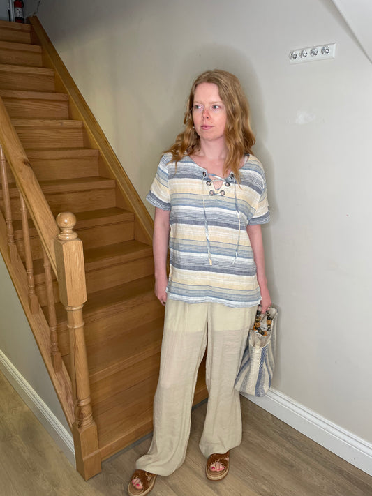 Artisan NY 100% Linen Lace-Up Striped Top – Size Large