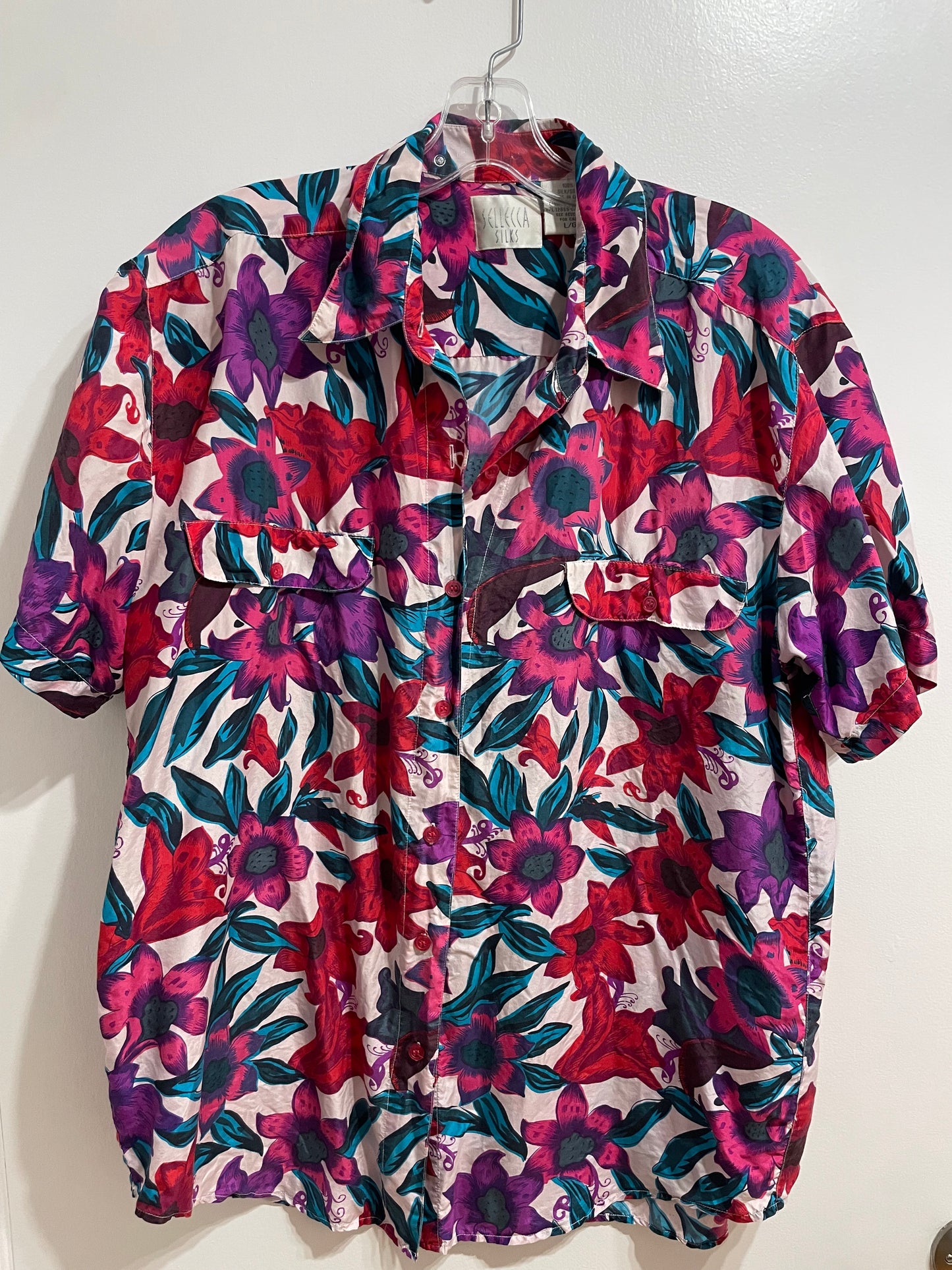 Selecca Silks Pink Red Floral 100% Silk Short Sleeve Button-Up Shirt XL