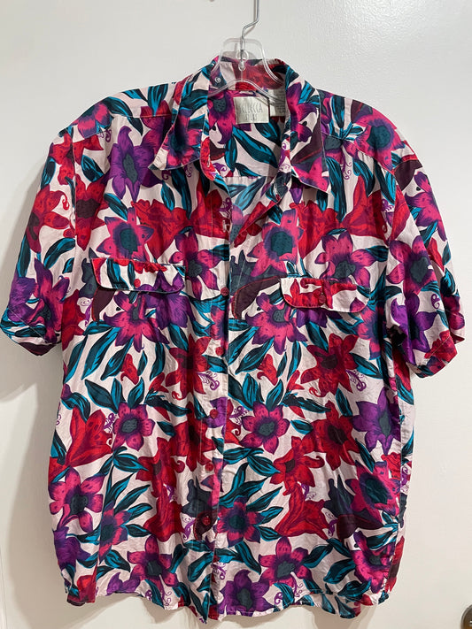 Selecca Silks Pink Red Floral 100% Silk Short Sleeve Button-Up Shirt XL
