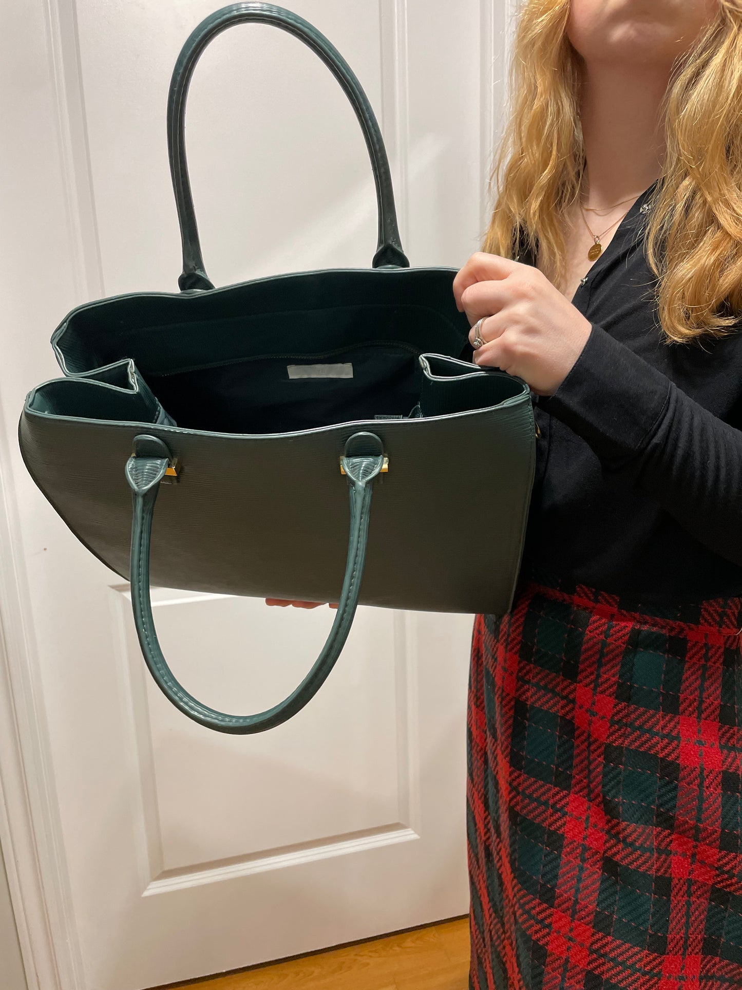 H&M Deep Green Structured Zip Tote Bag