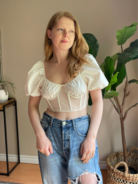 Zara White Sheer Corset Puff Sleeve Cropped Top NWT - Medium/ Large