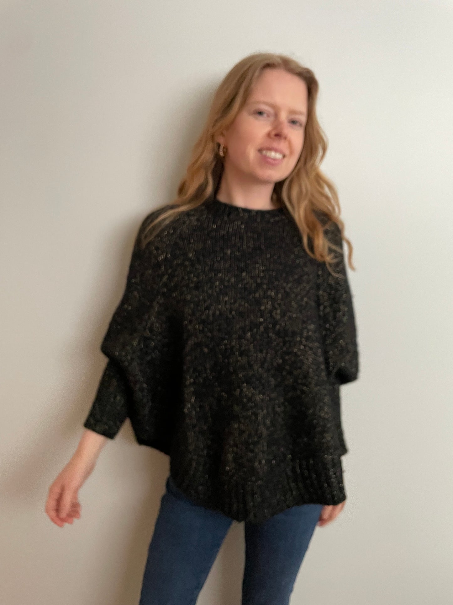 Designer Black Metallic Poncho-Style Sweater with Sleeves – XXS (Fits S–M)