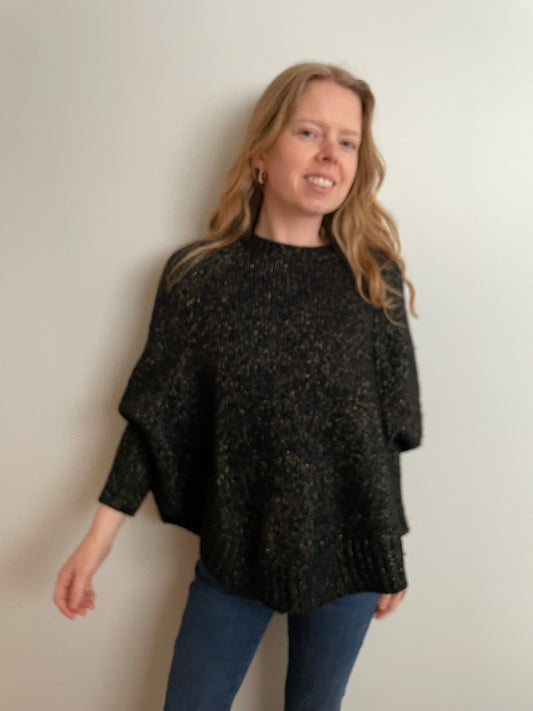 Designer Black Metallic Poncho-Style Sweater with Sleeves – XXS (Fits S–M)