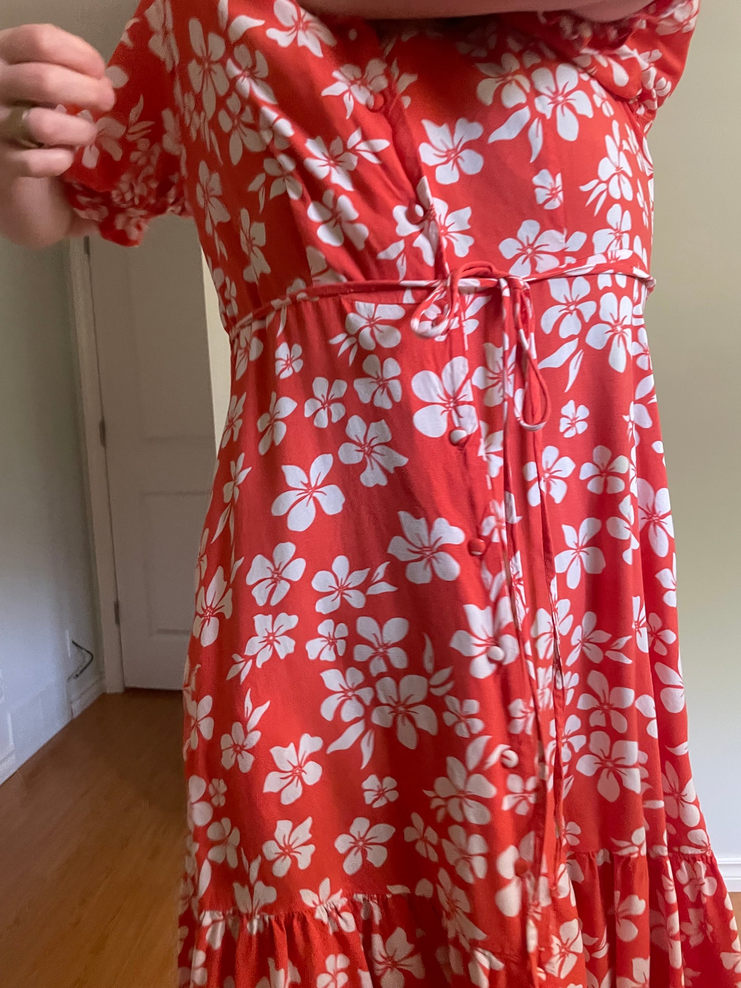 Maxcares Coral Tropical Floral Button Front Midi Dress - Large