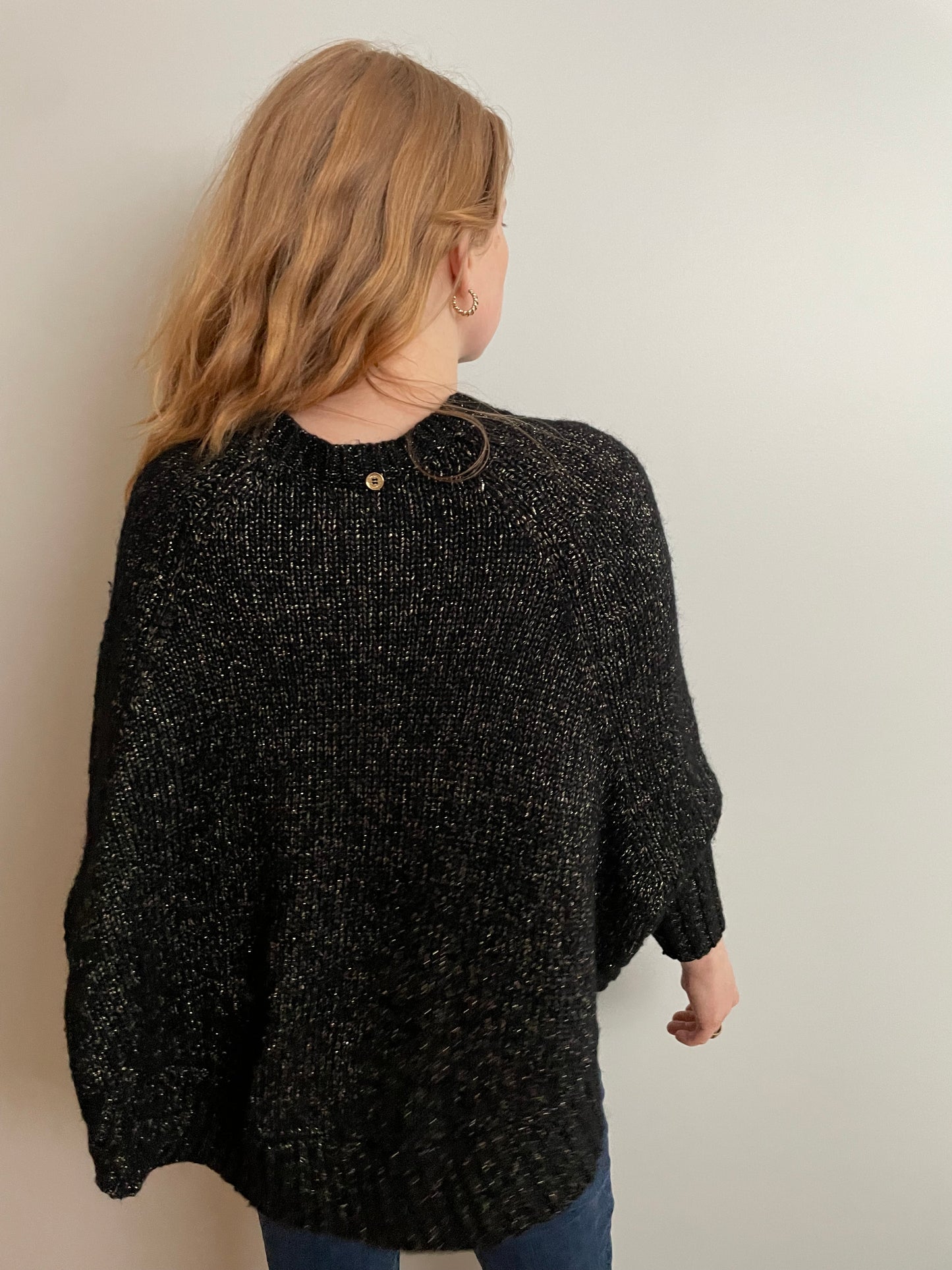 Designer Black Metallic Poncho-Style Sweater with Sleeves – XXS (Fits S–M)