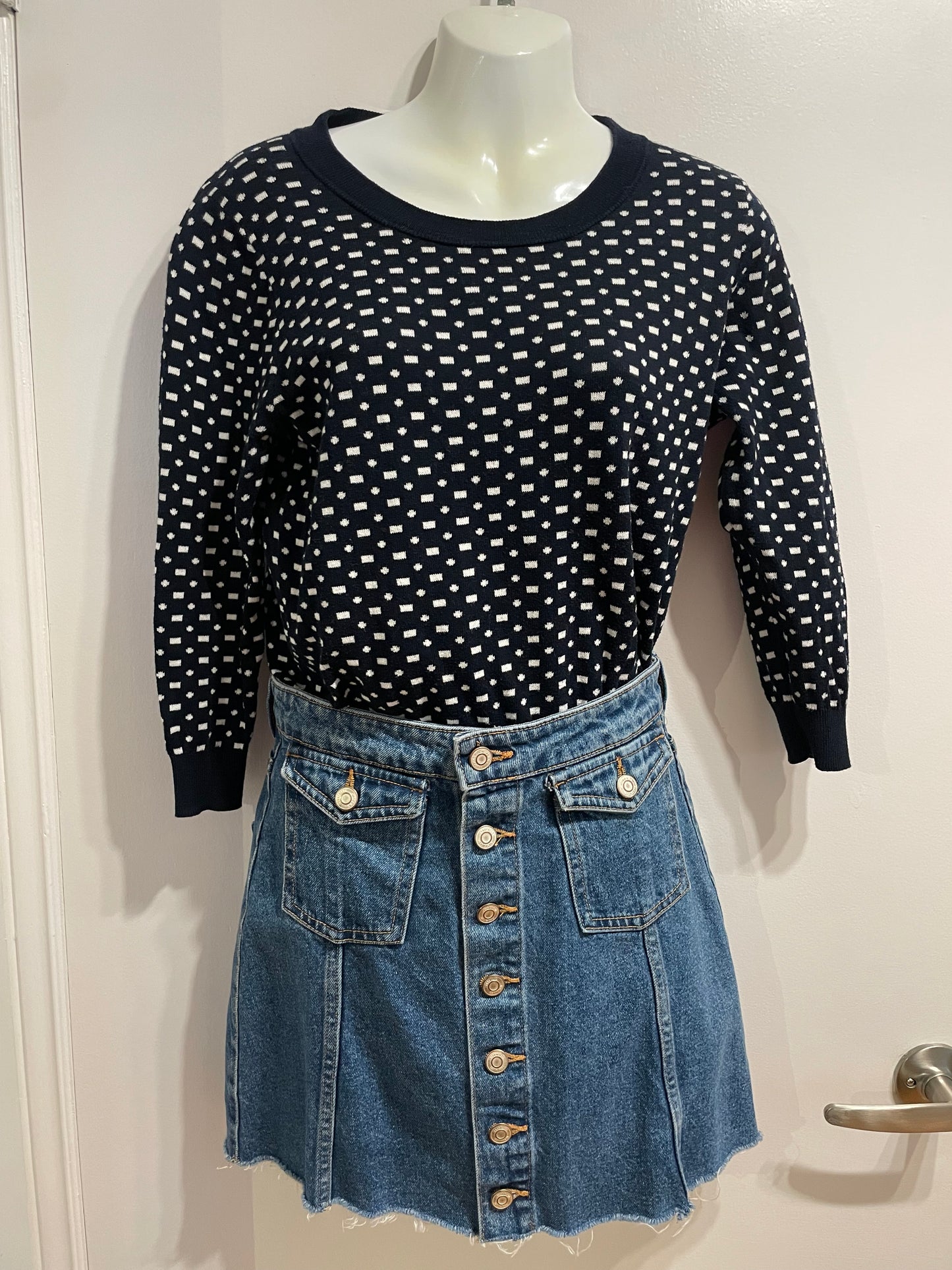 J.Crew Navy White Cotton Patterned Crewneck Sweater - Small