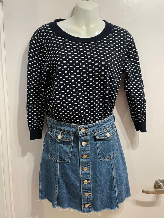 J.Crew Navy White Cotton Patterned Crewneck Sweater - Small