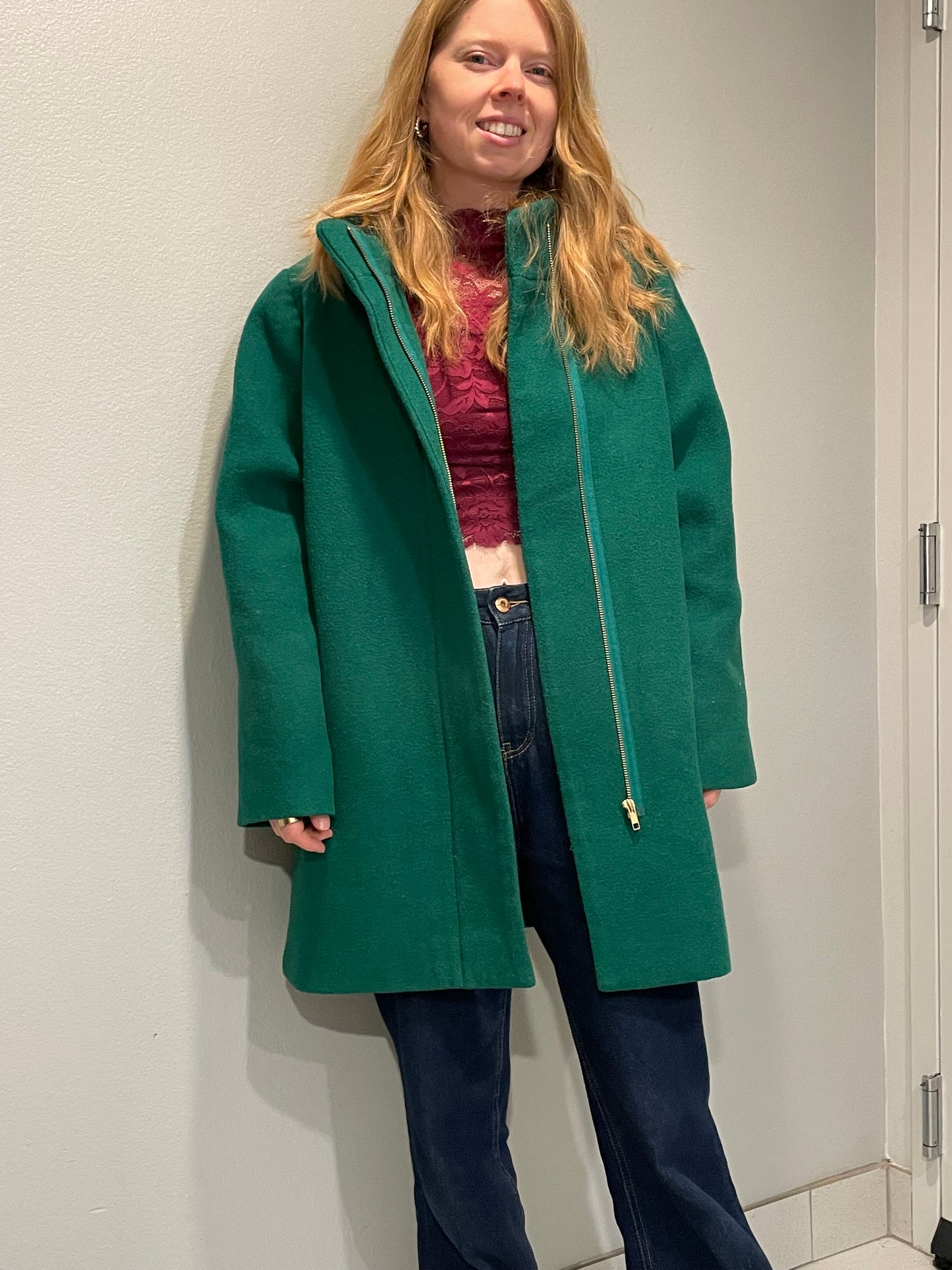 J.Crew Mercantile Kelly Green Wool-Blend Zip Coat – Size 18